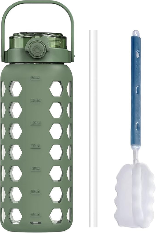 MUKOKO 56oz Glass Water Bottles with Straw and Lid,Motivational Water Jug with Time Marker Reminder and Silicone Sleeve,100% Leakproof BPA Free Fitness Sports Large Bottle-Olive