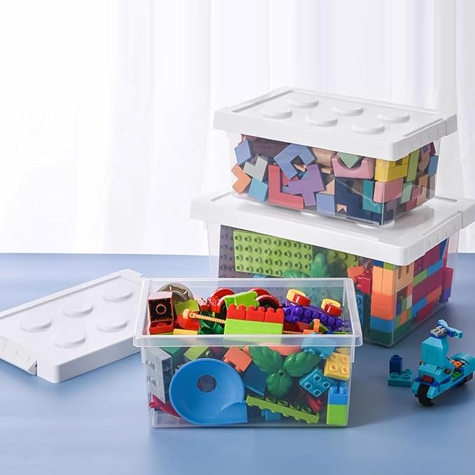 loobuu Plastic Storage Bins with Lids - Stackable Toy Storage Organizer Box Set of 2, Kids Toy Chests with Compatible Building Baseplate and Lid, Storage Container for Building Bricks & Toys- White