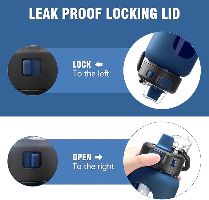 Kodrine 32 oz Glass Water Bottle with Soft Silicone Spout, Locking Lid, and Carry Loop, Navy Blue