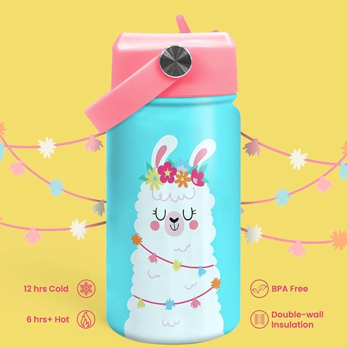 Llama Water Bottle - Kids Water Bottle with Straw Lid - 12 Oz Insulated Stainless Steel Water Bottles for Toddlers Kid Girls - Travel Cup for School Sports