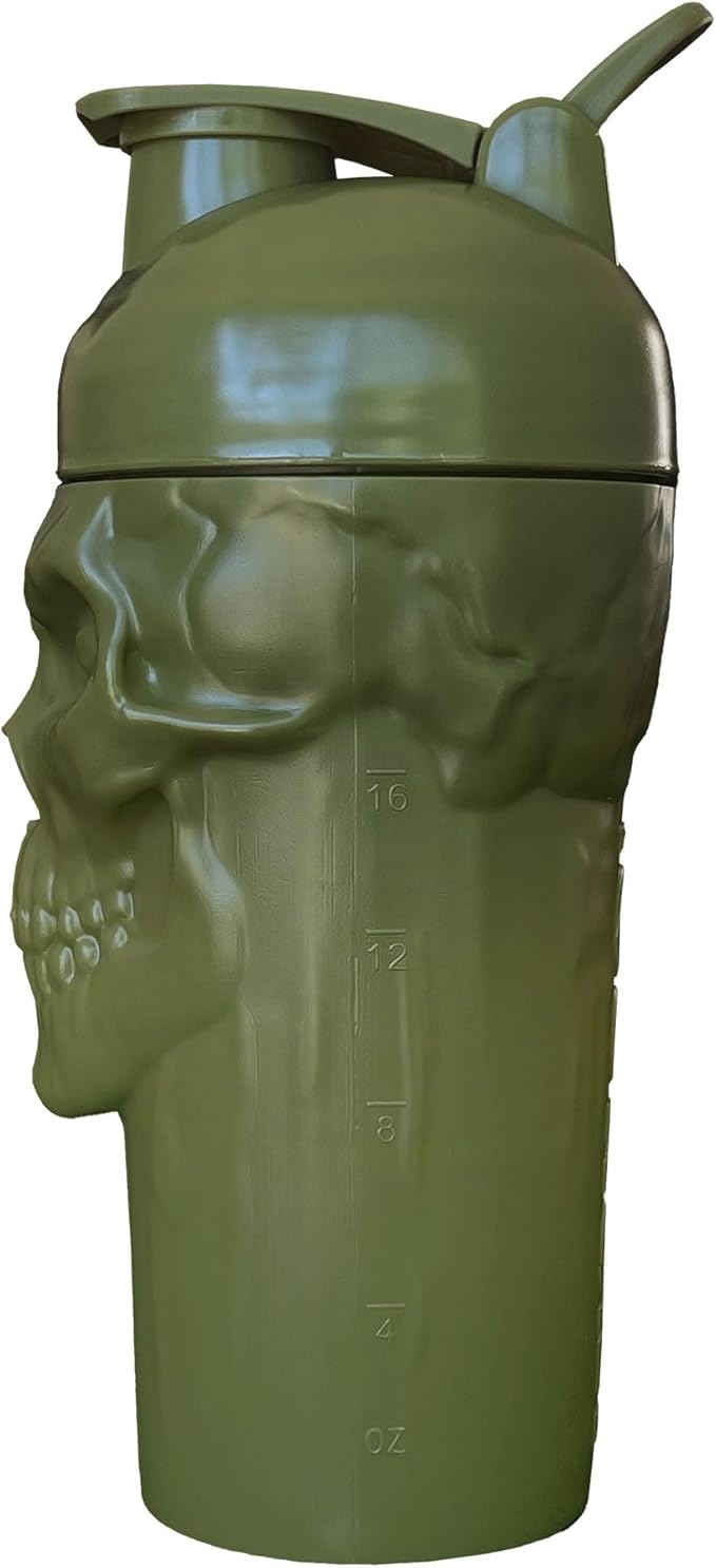 JNX SPORTS The Curse! Skull Shaker Bottle, 24-Ounce, Military Green Limited Edition, Supplement Mixer with Classic Loop Top …
