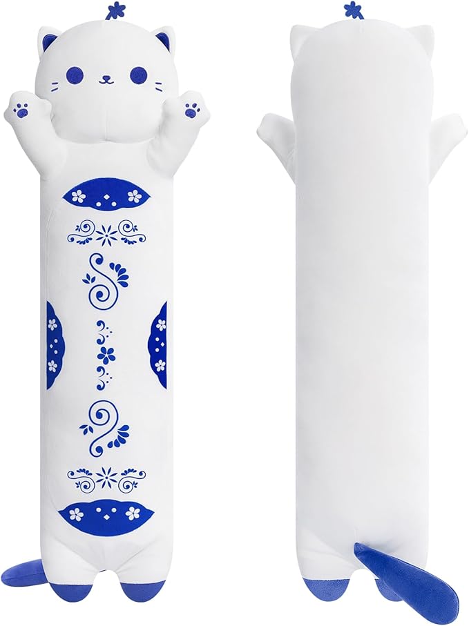 Long Cat Plush Kawaii Kids Plush Toy Pillows, Cute Cat Stuffed Animals Soft Plushies, Kitten Big Plush Toys Throw Body Pillow Doll Gift for Girls Boys (Blue Cat 28 Inch)