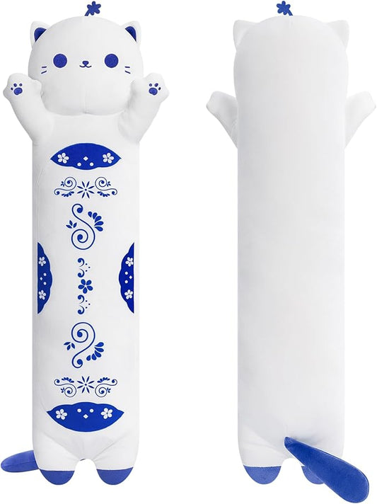 Long Cat Plush Kawaii Kids Plush Toy Pillows, Cute Cat Stuffed Animals Soft Plushies, Kitten Big Plush Toys Throw Body Pillow Doll Gift for Girls Boys (Blue Cat 28 Inch)