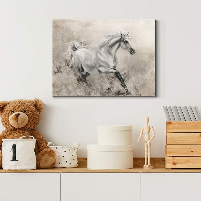 Renditions Gallery Canvas Animal Wall Art Modern Decorations Paintings Elegant Running Horse Abstract Black & White Figurative Artwork Prints for Bedroom Office Kitchen - 8"x12" LT33