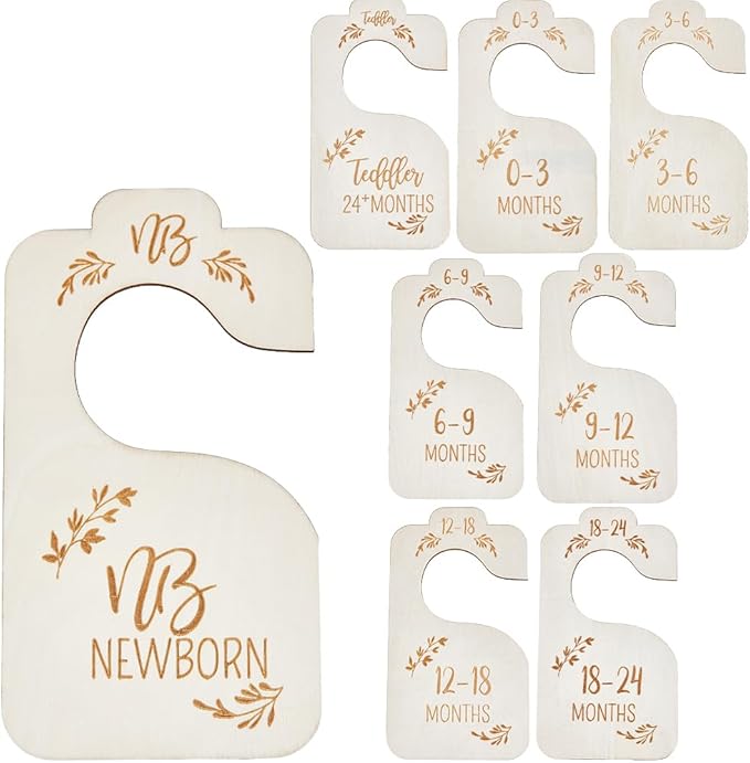 CRASPIRE 8Pcs Wooden Baby Wardrobe Dividers Nursery Hanger Seperaters from Newborn to 24 Month Baby Closet Organizers Nursery Infant Wardrobe Hangers Divider for Newborn Shower Decor