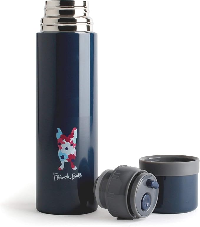 French Bull Double Wall Stainless Steel Vacuum Insulated Bottle, Travel Mug, Tumbler, Thermos, Flask with Easy Open Spill-proof Lid, Navy, Cylinder Flask