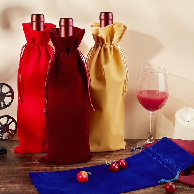 PLIGREAT 8 Pcs Velvet Wine Bags 4 Color Wine Gift Bags with Drawstrings, Reusable Wine Bottle Bags for Wedding, Birthday, Dinner Party, Christmas Congrats Gift Bags, Wine Wrapping Bags