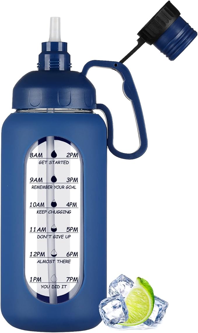 MUKOKO 64oz Glass Water Bottles with Straw, Half Gallon Water Bottle with Time Marker, Motivational Water Bottle with Silicone Sleeves,Large Glass Water Bottle for Gym,Working,Outdoor,Klein