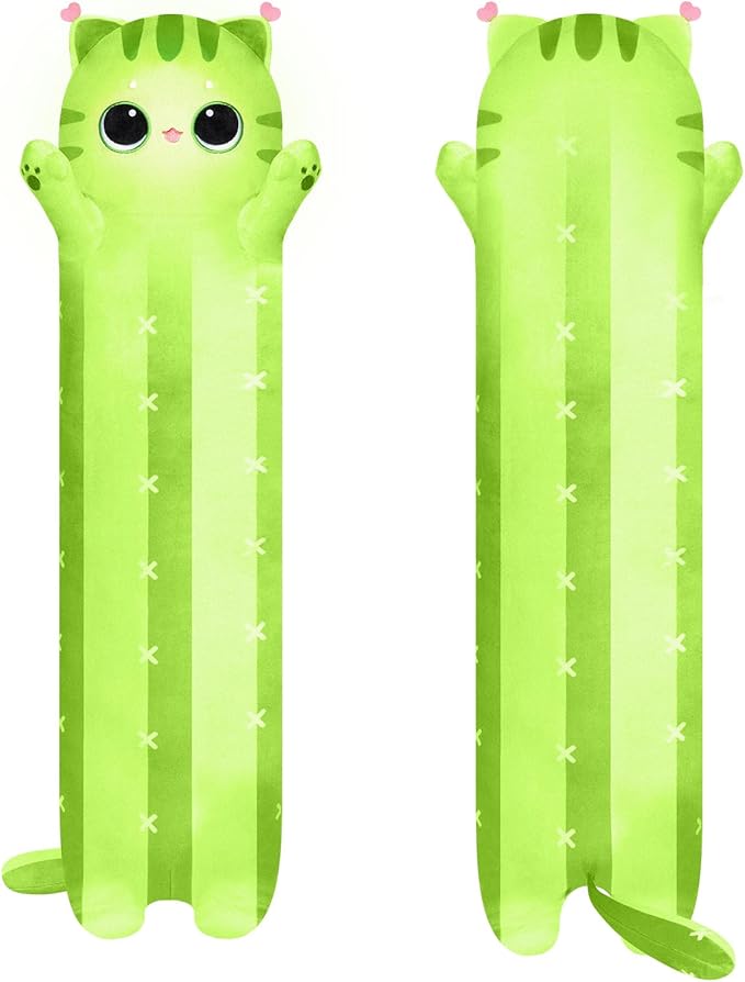 Long Cat Plush Kawaii Kids Plush Toy Pillows, Cute Cat Stuffed Animals Soft Plushies, Kitten Big Plush Toys Throw Body Pillow Doll Gift for Girls Boys (Cactus Cat 44 Inch)