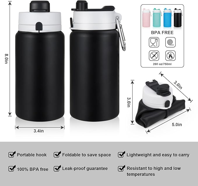 Collapsible Water Bottle, Foldable Water Bottle BPA Free Reusable Lightweight Leak-Proof Travel Silicone Water Bottle for Travel, Gym, Hiking, Office, Camping