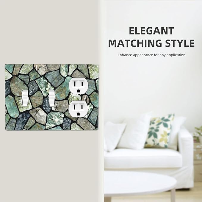 Green Stone Texture Combo 2 Toggle 1 Duplex Outlet Light Switch Wall Plate Cover Decorative 3-Gang for Electrical Room Bathroom Bedroom Home Kitchen One Receptacle 4.5" x 6.38"