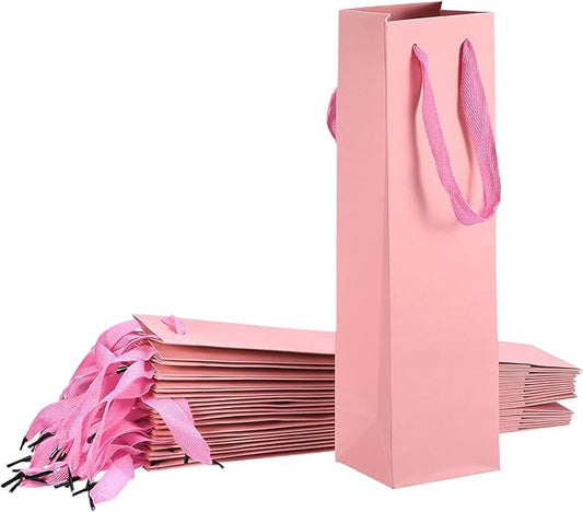 uxcell Wine Bags, 24pcs Pink 4 x 4 x 14 In Wine Gift Bags with Handles Paper Wine Tote Bag for Wedding Birthday Christmas Party Supplies