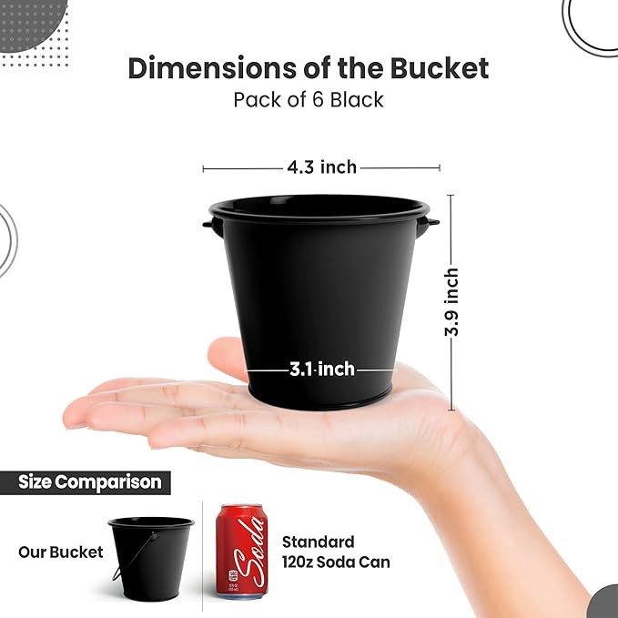 Small Metal Buckets with Handle 6 Pcs – Galvanized Bucket Leak Proof & Rust Resistant 20 fl oz Capacity - Best for Party Décor, Organizing & Decorating Classrooms (Black, Small 4.3" Top)