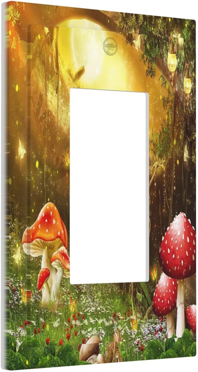 Red Mushroom Forest Fairy Moon Butterfly 1 Gang Rocker Bohemian Light Switch Covers Decorative Single Decora Outlet Wall Plate Faceplate Switchplate GFCI for Kidroom Nursery Decor