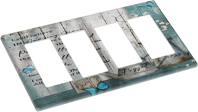 Vintage Teal Butterfly Inspirational Quotes Wood Plank 4 Gang Rocker Decora Light Switch Cover Outlet Covers Wall Plate Decorative Switchplate Electrical Faceplate GFCI for Farmhouse Bedroom Decor