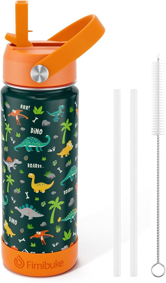 Fimibuke Kids Insulated Water Bottle - 18oz BPA-FREE 18/8 Stainless Steel Kid Cup with Straw Travel Tumbler Double Wall Leak Proof Toddler Water Bottle for School Boys Girls (1 Pack, Green Dinosaur)