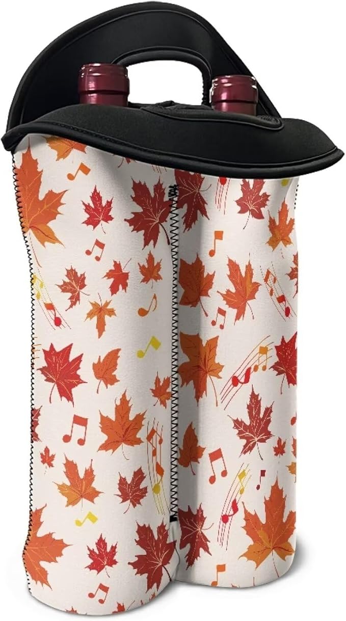 doginthehole Wine Carrier Tote 2 Bottle Champagne Bottle Protector Sleeve Pouch Fall Maple Leaf Musical Note Print Wine Bottle Packag Bag Wine Bags for Travel, Picnic, Party