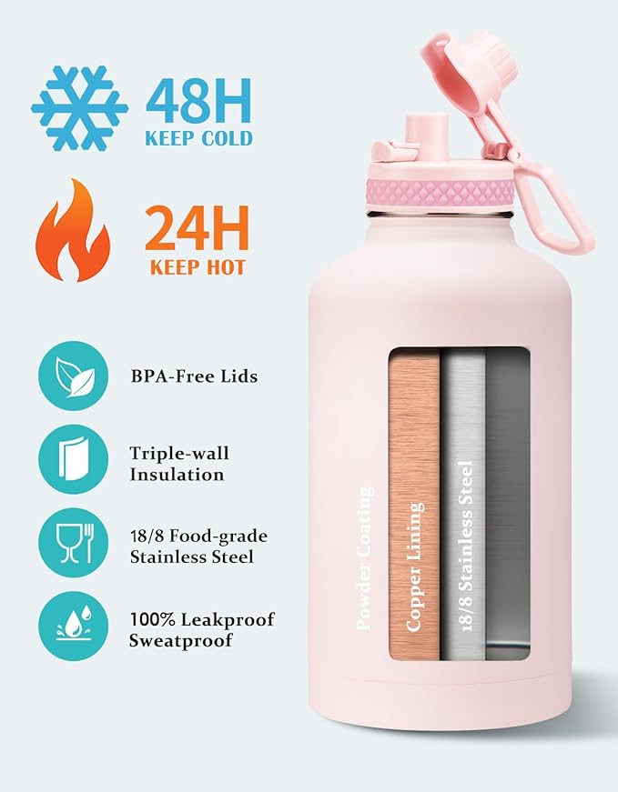64 oz Insulated Water Bottle - Stainless Steel (Cold 48H), Leak Proof & BPA-Free Half Gallon Water Jug with Paracord Handle, Straw Spout Lids, Carrier Case, Metal Flask for Women Gym School, Pink