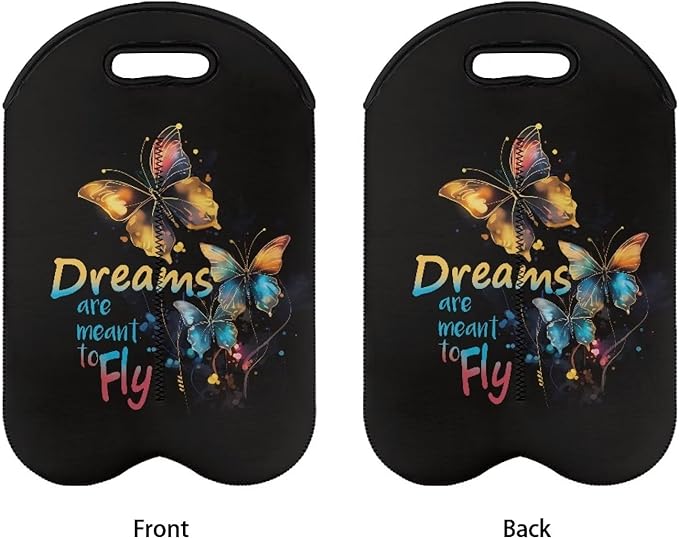 doginthehole Butterfly 2 Bottle Wine Tote Carrier Cooler Bag Insulated Wine Bag Water Bottle Holder Neoprene Pouch for Travel Picnic Party, Dreams Are Meant to Fly Drsign