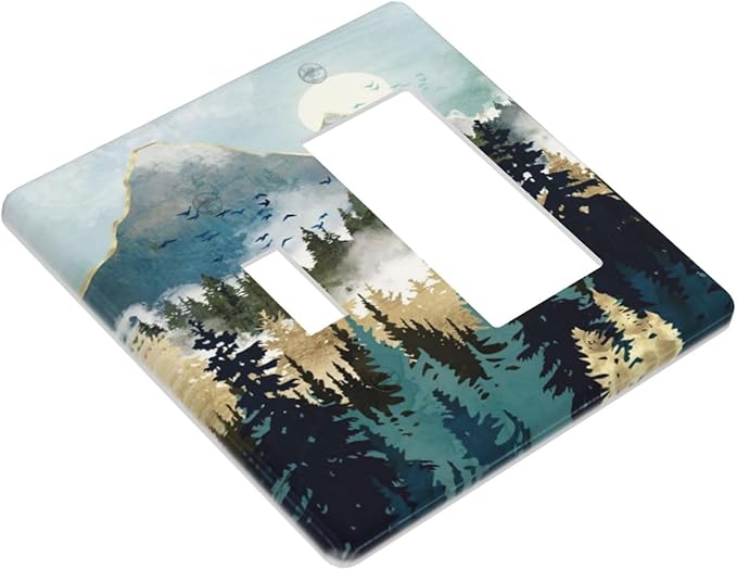 Boho Mountain Forest Abstract Sunset Sunrise Sun 2 Gang Single Toggle Rocker Combination Light Switch Covers Wall Plate Cover Electrical Faceplate Decorative Switchplate for Country Bedroom Decor