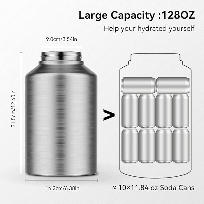 Half Gallon Water Bottle Insulated, 64oz Stainless Steel Half Gallon Water Jug with Straw, Spout,Handle and Carry Sleeve, Wide Mouth,Leak Proof, Keeps Drinks Hot and Cold, Metal Canteen Flask