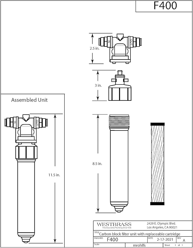 Westbrass AF400 Under Sink in-line Filter Unit and Cartridge for Instant Hot or Pure Water Dispenser faucets, White