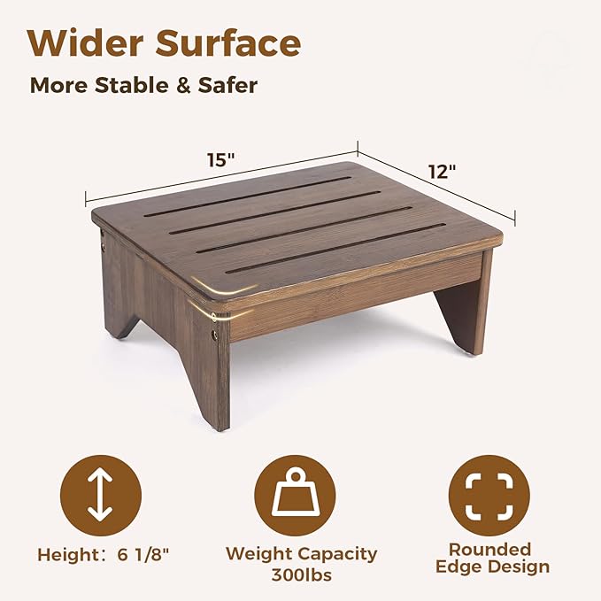 StrongTek Bamboo One Step Stool for Adults, 15" x 12" Bedside Step for High Beds, 300 Lbs Capacity, Non-Slip Bed Foot Stool with Rounded Edges, for Bathroom, Bedroom, Garden, Kitchen (Brown)