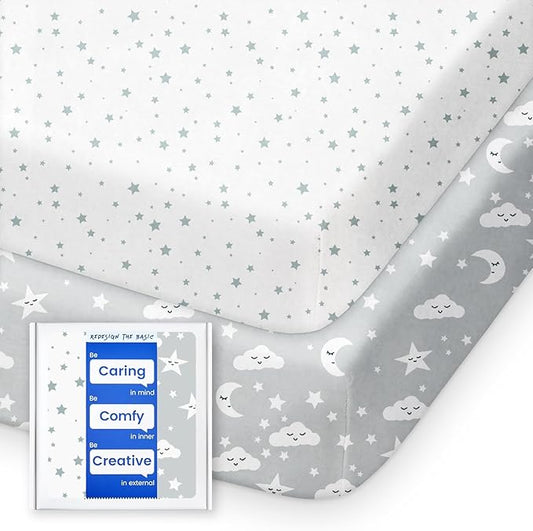 Pack and Play Sheets Fitted, TotBasic Buttery Soft Portable Crib Sheets, Compatible with Graco Pack n Play Playard Crib & Other 27 x 39 Inch Playpen Mattress, 2 Pack Playard Sheets(Grey Stars & Moon)