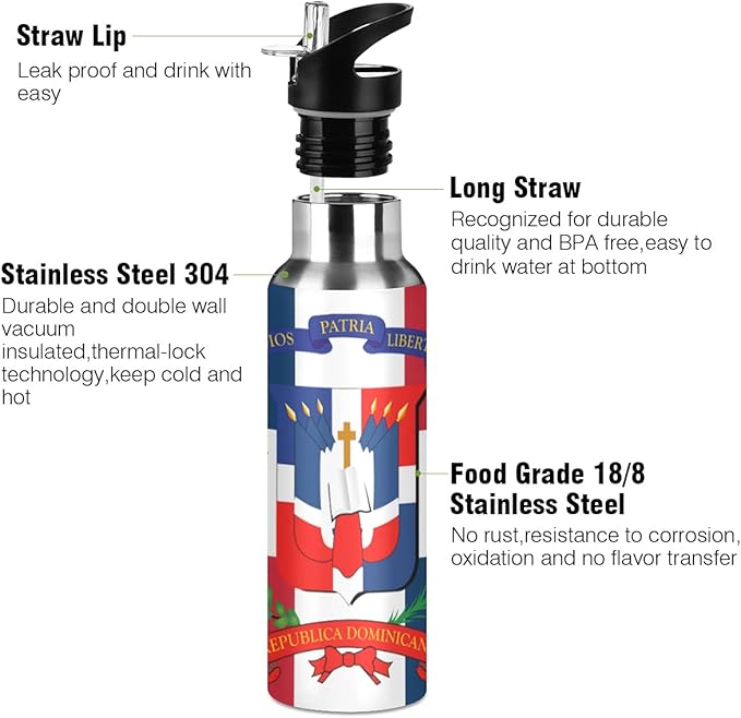 Dominican Republic Flag Sports Water Bottle, Double Wall Vacuum Insulated Stainless Steel Water Bottle with Straw Keeps Hot and Cold, Bike Running Sports Travel Gym 20oz