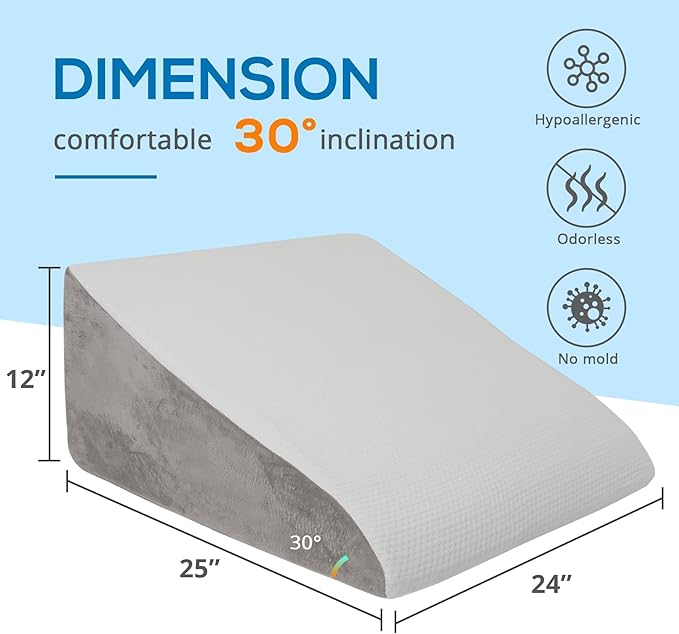 Sasttie Wedge Pillow for Sleep Apnea, 12 Inch Memory Foam Bed Wedge Pillow for Acid Reflux Relief, 30 Degree Triangle Incline Pillow Wedge for Sleeping with Removable Cover, Solid Warm Gray