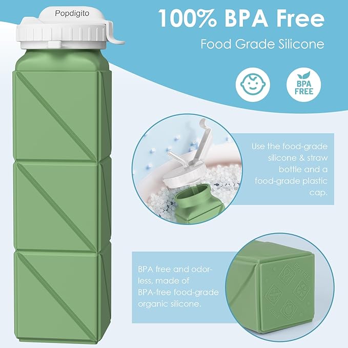 Collapsible Water Bottles 20.7oz Leakproof with Straw Lid Food-Grade BPA-Free Silicone Travel Foldable Water Bottles for Sports Office Gym Hiking Driving 610ML (Type2 Army Green)