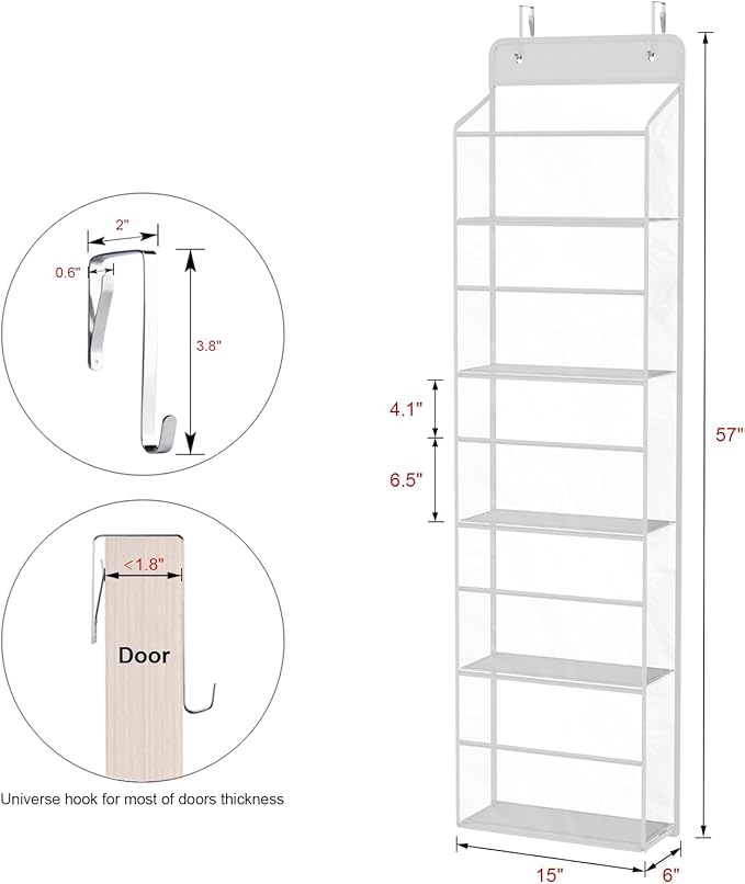 Univivi Over The Door Organizer Hanging Storage, Closet Door Organizer Baby Storage with 5 Clear Plastic Pockets & 2 Big Metal Hooks & Sticker for Cosmetics, Bathroom, Nursery and Sundries