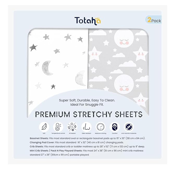 TotAha Premium Soft Bassinet Sheet for Boy Girl, Super Stretchy Jersey Knit Bassinet Fitted Sheet, Compatible with Halo, Maxi COSI, Mika Micky, SNOO, Baby Delight Mattress, 2 Pack, Moon & Grey Sky