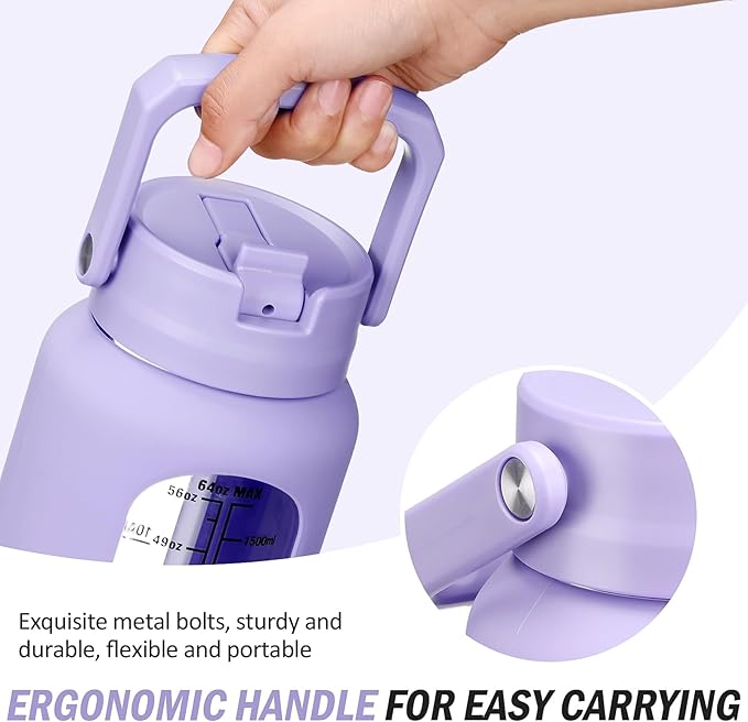 64 oz Glass Water Bottle with Straw and 2 Lids, Half Gallon Water Bottle with Sleeve, Large Insulated 2 Liter Glass Water Jug Time Marker with Handle - Purple