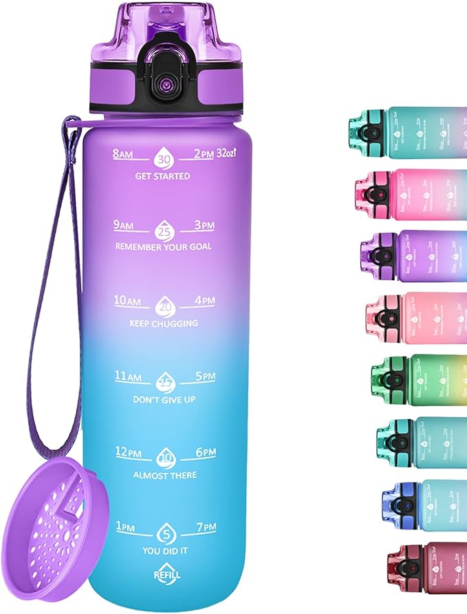 GOSWAG 32oz Motivational Water Bottles with Time Marker and Fruit Strainer, Sports Water Bottle with Times to Drink, Leakproof, Reusable Plastic Bottle with Strap no Straw for Gym, School