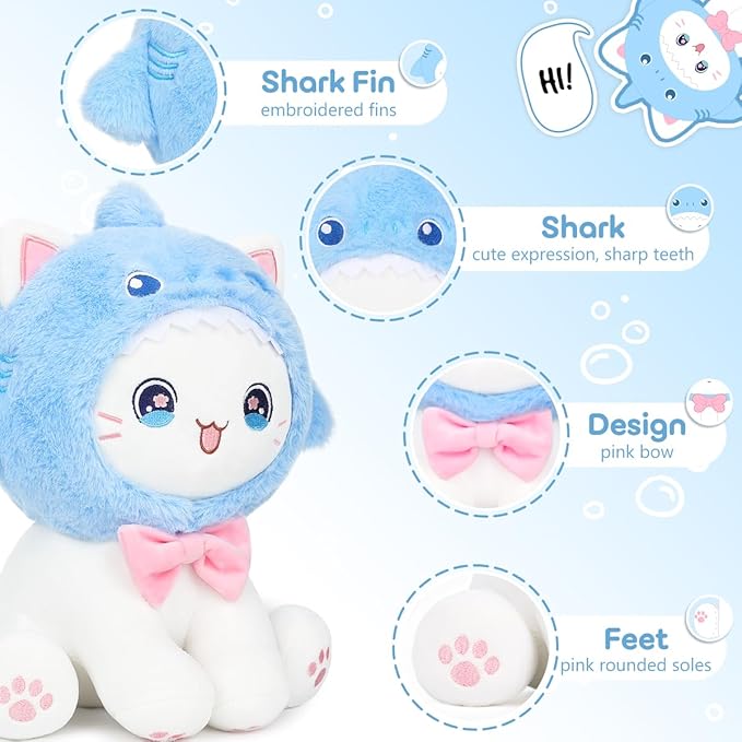 Cute Shark Cat Plush Toy 10" Kawaii Kitten Stuffed Animal, Cat Shark Plushie Pillow Gift for Kids