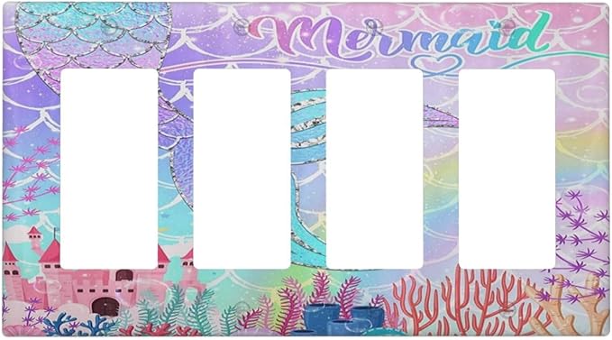Silvery Glitter Cute Mermaid Tail Fantasy Castle 4 Gang Rocker Decora Light Switch Cover Outlet Covers Wall Plate Decorative Switchplate Electrical Faceplate GFCI for Kidroom Nursery Bedroom Decor