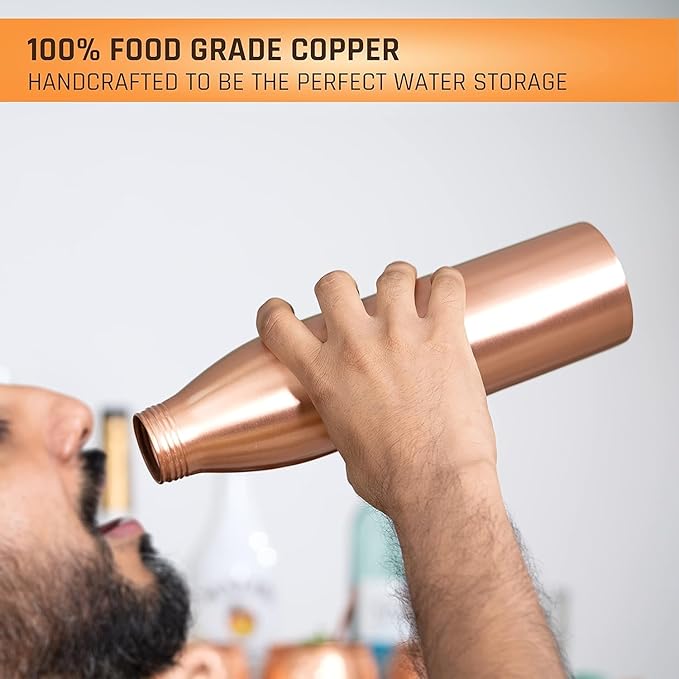 34 Oz Extra Large Smooth Finish 100% Pure Copper Water Bottle For Drinking | Leak Proof Design And Carrying Pouch | Drink More With Healthy Benefits Immediately