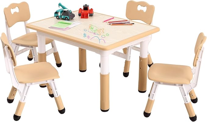 Kids Table and Chairs Set, Height Adjustable Desk With 4 Seats for Ages 2-10,Arts & Crafts Table,Graffiti Desktop, Non-Slip Legs, Max 300lbs, Children Multi-Activity Table for Classrooms,Daycares,Home