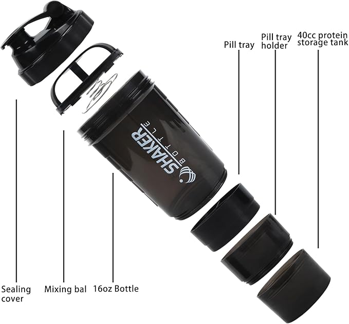 Shaker Bottle - Protein Shaker Cup with Storage Compartments - Leak-proof Workout Shake Bottles with Mixer for Smooth Mixing-500ML/16oz (PURE BLACK)