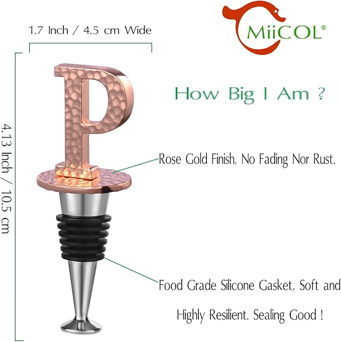 Miicol Wine Bottle Stopper, Prosecco Stopper, Rose Gold Wine Stopper, Personalised Champagne Stopper, Initial Wine Stopper, Funny Prosecco Gift, Wine Lovers Gift, Letter P