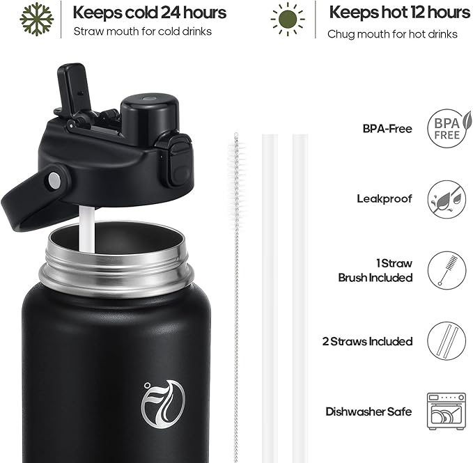 Half Gallon Insulated Water Bottle with 2-in-1 Lid (Chug Lid/Straw Lid), 40/64oz Double Walled Vacuum Stainless Steel Water Bottles, Water Jug with Straw