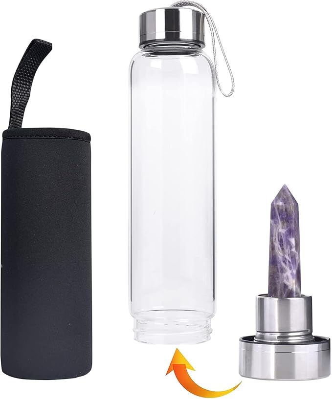 Crystal Glass Water Bottle, Glass Water Bottle with Changeable Natural Crystal Center, Quartz Gemstone Water Bottle for Natural