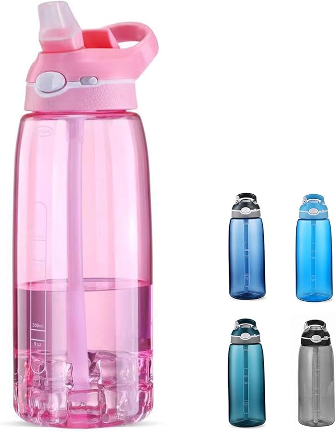SHELFLOVER Pink Water Bottle With Narrow Straw, BPA FREE Clear Bottles With Handle One Hand Use Easy Carried, Flip Up, Suit School, Office, Gym, Office For Women, 32oz (1000ml)