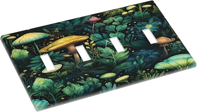 Green Dark Forest Mystical Mushroom Quad Toggle Light Switch Covers 4 Gang Wall Plate Decorative Switchplate Electrical Faceplate for Country Bathroom Bedroom Kitchen Decor