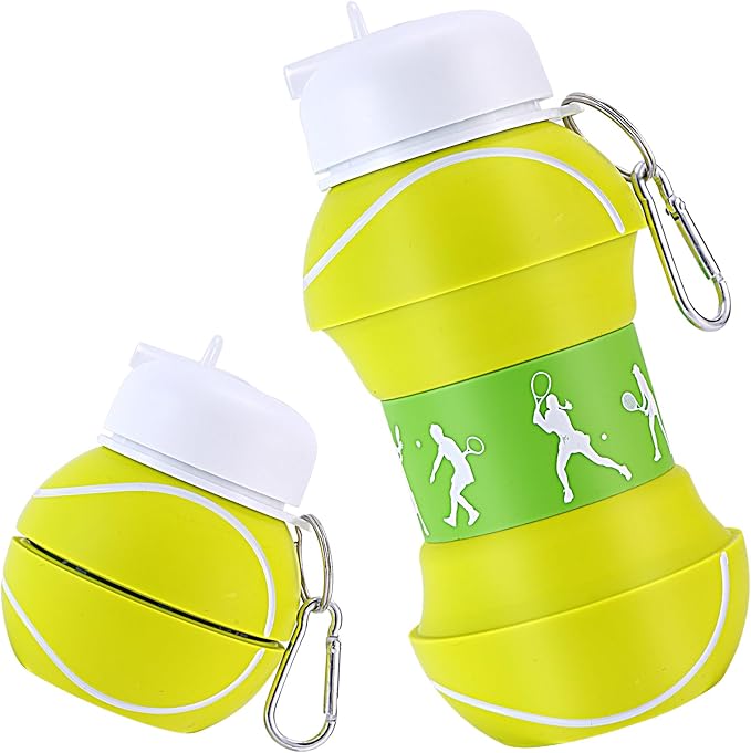 Kids Sports Collapsible Water Bottle | Ball Shaped Drinking Cup | Foldable BPA Free Leakproof Lightweight Silicon Jug | School Lunch Mug Team Gift Travel (Tennis 550ml/18.6oz)