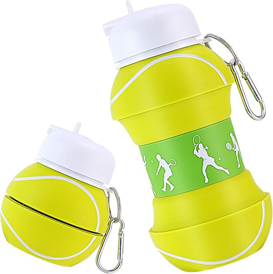 Kids Sports Collapsible Water Bottle | Ball Shaped Drinking Cup | Foldable BPA Free Leakproof Lightweight Silicon Jug | School Lunch Mug Team Gift Travel (Tennis 550ml/18.6oz)