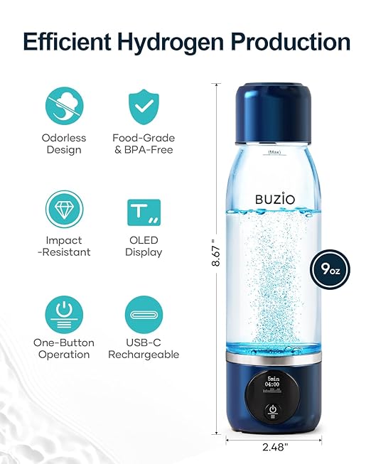 Hydrogen Water Bottle, BUZIO Hydrogen Water Bottle Generator Machine with Gen5 Technology Real 3000ppb Pure Hydrogen Concentration Alkaline Water bottle for Fitness, with Dupont Membrane, OLED Display