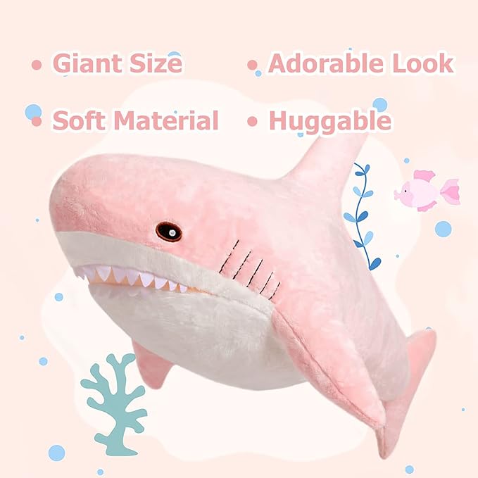 MorisMos Shark Pillow Giant Stuffed Shark, Baby Shark Plush Toy Shark Toys, Big Shark Stuffed Animal, Pink, 32in