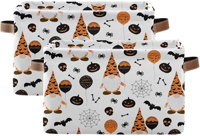 Happy Halloween Gnomes Storage Basket Fabric Kitchen Baskets Spooky Pumpkin Ghost Bat Spider Web Open Home Storage Bins Boxes Foldable Foldable for Candy Toy Decorations Baskets 16×12×8 Inches